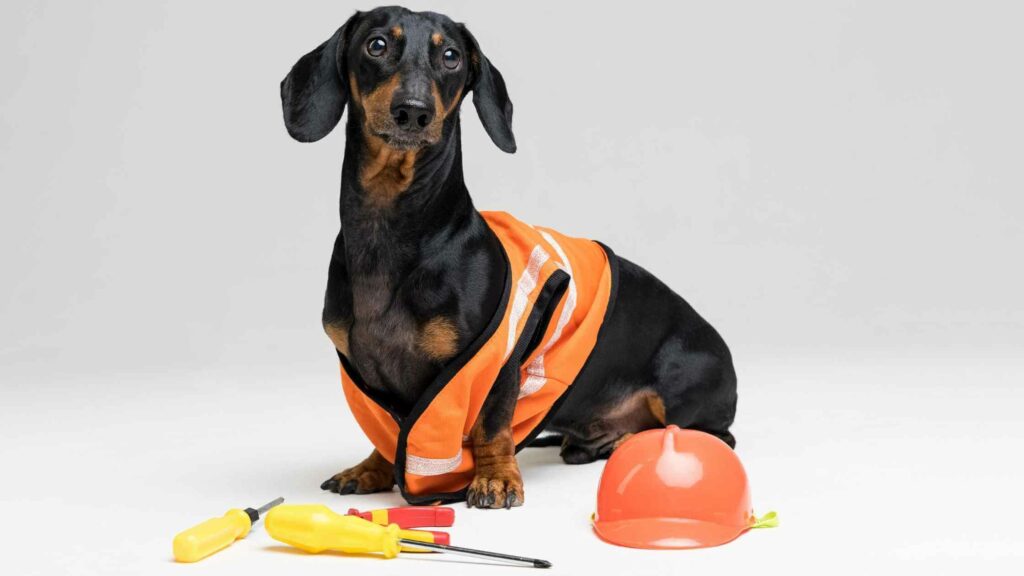 Black Dachshund with a construction helmet and working tools.