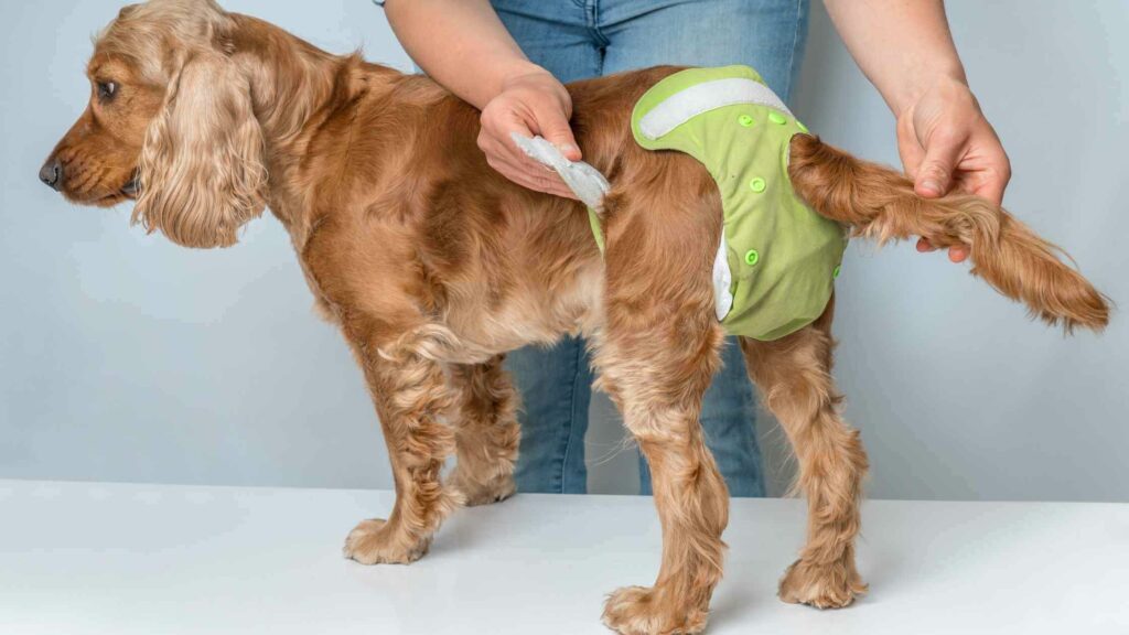 Dog owner putting a diaper on her dog.